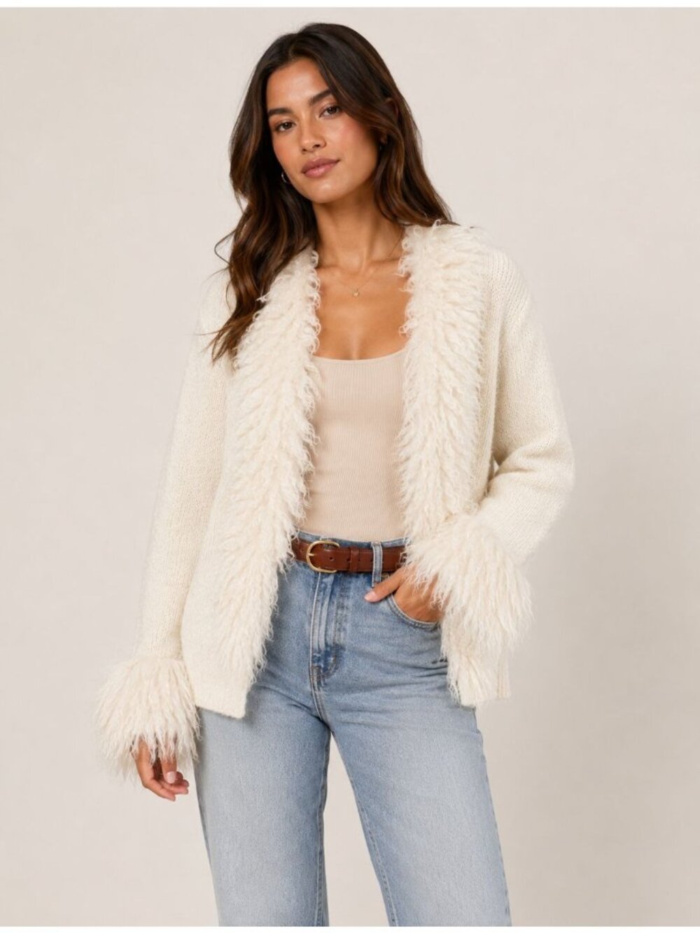 Tresser Faux Fur Cardigan Cream Shaggy Open Front Y2K Boho Sweater S